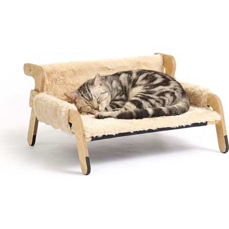 Relaxdays Lettino per gatti morbido, poltrona rialzata in legno di pino, HxLxP: 28,5x53x45,5 cm, beige/naturale (1/5)