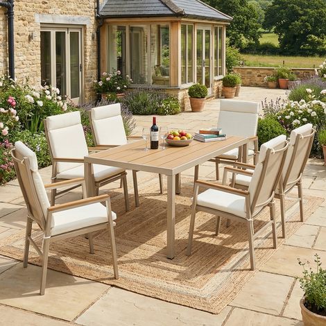 Ensemble table et chaises de jardin 6 places, table terrasse avec 6 chaises, plateau bois composite, fer galvanisé, beige