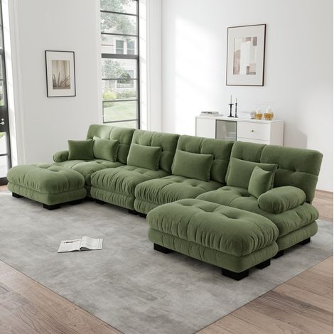 Divano modulare angolare a U per soggiorno, 4 posti, ciniglia verde, con ottomana mobile HAVRYA (1/5)