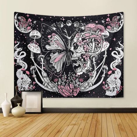 Tapiz colgante de pared de 130 x 150 cm con diseño de setas y mariposas, ideal para decoración de la naturaleza, colcha, funda de cama para el hogar, sala de estar, dormitorio y decoración del hogar. (1/4)