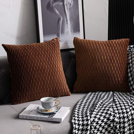 Taie d'oreiller Marron Clair: 2 Pack 40cmx40cm Housse de Coussin Décoratif Carré en Velours Rayé Original pour Canapé de Chambre (1/5)