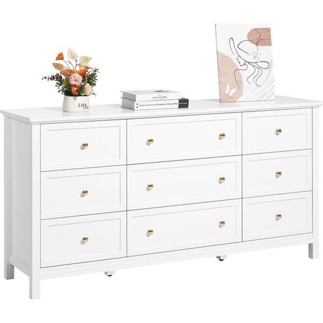 Grand Espace Commode 9 Tiroirs Meuble de Rangement Bois Coulissant et Anti-Basculement pour Chambre et Salon Blanc (1/5)