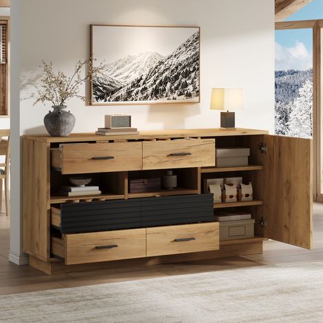 Aparador bajo MDF 140 x 35 x 70 cm, 6 cajones, 1 puerta, madera natural y negro REDOM (1/5)