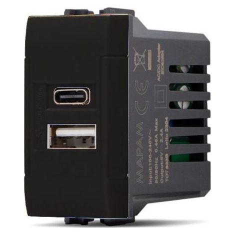 MAPAM doppia presa USB tipo A+C (5V-2,4A-240V) compatibile LIVING - ART-F833-NE