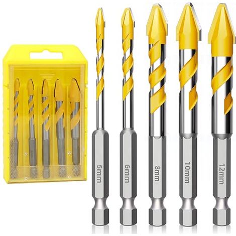 Juego de 5 brocas para cerámica, brocas de 5 mm/6 mm/8 mm/10 mm/12 mm para azulejos, brocas de carburo con vástago hexagonal, para cerámica, porcelana, gres, vidrio y azulejos. (1/5)