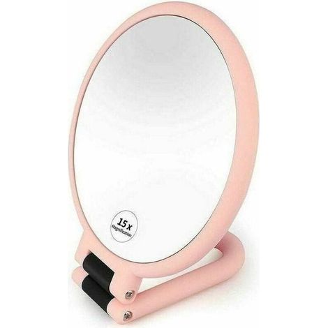 Miroir à main Miroir de maquillage double face avec grossissement de 1 X 15, Miroir de voyage professionnel avec poignée rabattable réglable-Rose-Fei Yu (1/5)