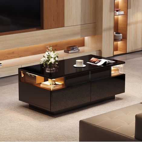Table basse 90 x 45 x 35,5 cm avec plateau amovible, 2 tiroirs, LED et verre trempé noire DESVIAE (1/5)