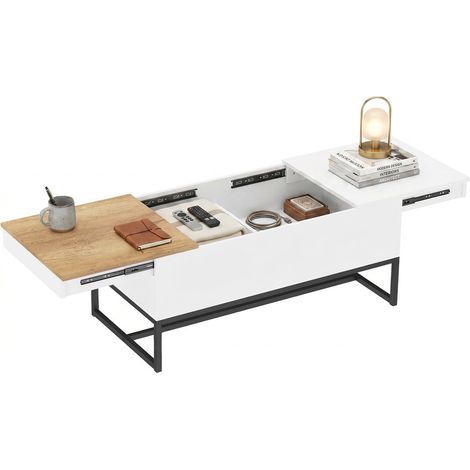 Table Basse Extensible avec Plateau Coulissant, Table de Salon avec Rangement Caché et Pieds en Acier, Blanc (1/5)