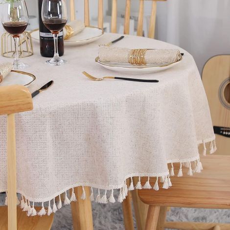Nappe ronde beige de 120 cm, lavable en lin et coton, infroissable et anti-poussière, avec pompons, idéale pour la cuisine, la salle à manger, la table à manger, la table basse ou la table de jardin. (1/5)