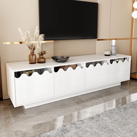 DESMIU Meuble TV 4 portes avec étagères en verre, design ondulé, pour salon, en MDF et panneau de particules, blanc, 170 × 40 × 45 cm (1/5)