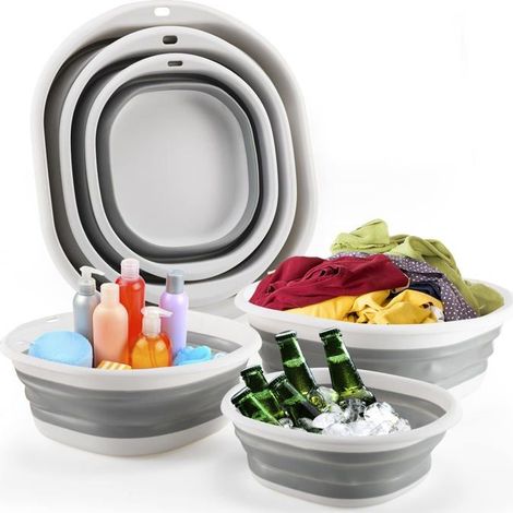 BelleRise - Baignoire pliable, lavabo, bassine à linge, ensemble 3 pièces, panier à linge pliable, bassine à vaisselle pliable (gris) (1/5)