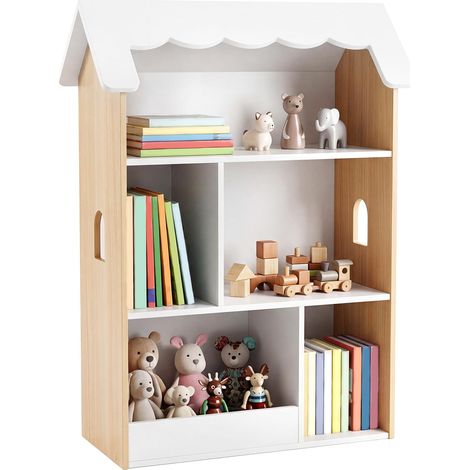 COSTWAY Bibliothèque Enfant Montessori à 3 Niveaux en Forme Cabane, Étagère à Livres Bois avec 5 Compartiments Ouverts, Kits Anti-Basculement, Meuble Rangement Jouet pour Chambre Salle de Jeux (1/5)