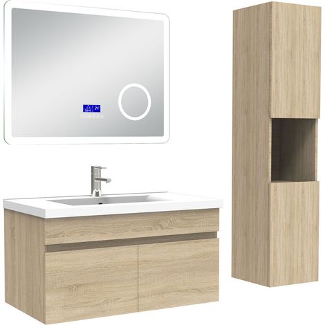 Ocean Ensemble meuble 80 cm Chêne Wotan, lavabo céramique + colonne haute + Miroir salle de bain Bluetooth avec 3 couleurs dimmable, suspendu (1/5)