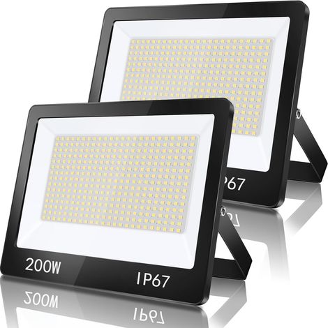 Projecteur Exterieur LED 200W 2 Pièce, IP67 Imperméable Spot LED Extérieur Avec Transformateur, 20000LM 7000K Blanc Froid Eclairage de Sécurité Pour Terrasse, Jardin, Garage, Usine, Stade