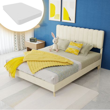 Letto imbottito moderno in velluto beige 140x200 cm con testiera alta e materasso incluso