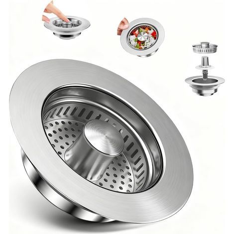 Bouchon D Evier Cuisine Universel, 3 en 1 Bouchon Evier Cuisine, Protection Anti-Colmatage Et Prévention des Odeurs, Bonde Evier Cuisine Pop-Up pour Un Trou D'évier De 70-86mm (1/5)