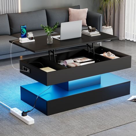Tavolino da caffè in truciolare 100 x 50 x 42 cm nero con LED, altezza regolabile e prese EU (1/5)
