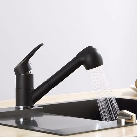 Kitchen Faucet with Pull-Out Spray, 120° Swivel Kitchen Faucet, 2 Hot and Cold Water Kitchen Mixer Tap Functions, Brass, Black (1/5)