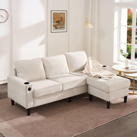 Canapé 3 places d'angle 202x137x80 cm modulable avec porte gobelets et ports USB lin beige (1/5)