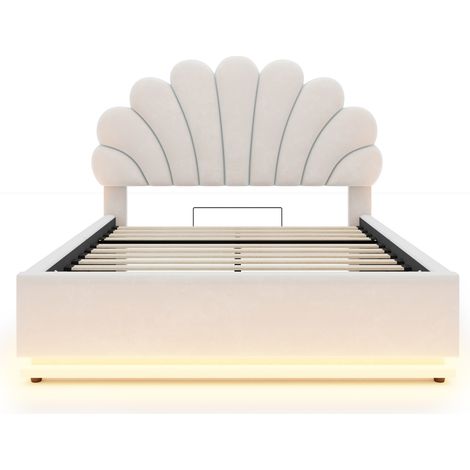 Letto imbottito 140 x 200 cm in velluto beige con testiera a fiore, vano contenitore e LED (1/5)