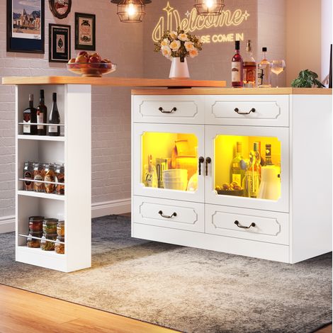 Ausziehbarer Bartisch mit Stauraum(135-203×39×92.8cm) , 360° drehbare Essbar, geeignet für Schlafzimmer, Wohnzimmer, Esszimmer, Teleskopischer Bartisch mit LED, Hochtisch Kücheninsel, Weiß (1/5)