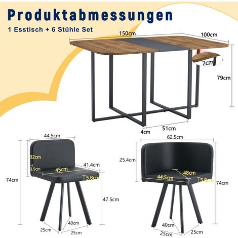 Ausziehbares Tischset mit 6 Stühlen 150 x 100 x 79 cm aus MDF, Schwarz/Holz – MEUBLIV (1/5)