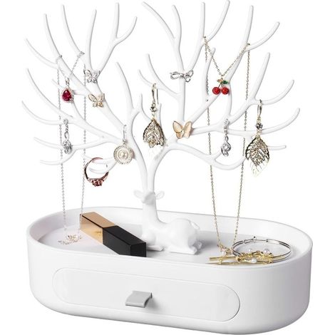Arbre Porte Bijoux avec Tiroirs, Support Bijoux en Plastique, Deer Présentoir à Bijoux pour Boucles d'Oreilles, Colliers, Bracelets, Montres et Bagues (Blanc) (1/5)