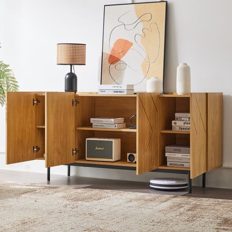 Buffet 160x40x78cm avec 4 portes Élégant incrustations métalliques panneau de particules couleur naturelle (1/5)