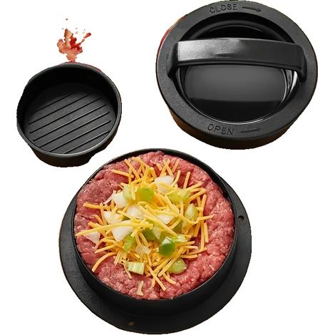 Prensa para hamburguesas, superficie antiadherente, versátil para carnes y verduras, color negro. (1/2)