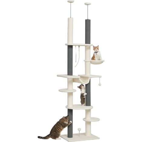 Kratzbaum, deckenhoch, verstellbar 225-255 cm, Plattformen & Hängematten, Kippschutz, Weiß