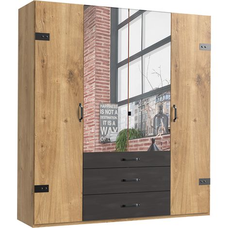 Armoire avec miroir 4 portes Imitation chêne poutre rechampis raw steel - L200 x H216 x P58 cm -PEGANE-