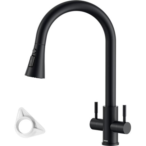 DAYONE Matte Black Kitchen Tap with Pull Out Spray, Dual Lever Sink Mixer Taps, SUS304 Stainless Steel Sink Mixer for 1 Hole, 360° Swivel High Arc Tap with 3 Spray Modes, Double Handles Kitchen Faucet