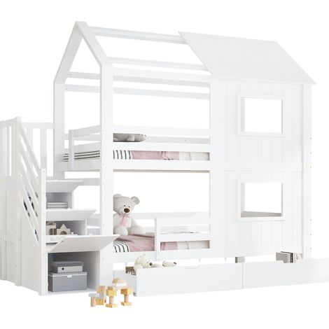 Lit superposé enfant 90x200 blanc avec escalier de rangement, tiroir à roulettes et toits décoratifs, en pin et MDF, 5 colis pour chambre d'enfant – CHICFURN (1/5)
