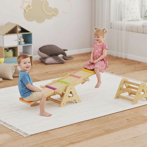 Planche d'équilibre en bois 2-en-1 : poutre et balançoire bascule pour enfants, jeu d'extérieur jardin 133 x 38 x 24 cm