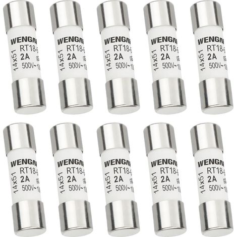 Lot de 10 Fusibles Cylindriques 14x51mm - 2A gG - AC 500V - 100kA - Protection pour Circuits de Commande et Transformateurs Industriels - RT18-63 (RO16) (1/5)