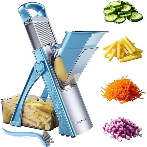 Mandoline de Cuisine Slicer Manuelle Coupe Légumes en acier inoxydable, Julienne, Cubes, Patate Frite carotte -bleu ciel (1/5)