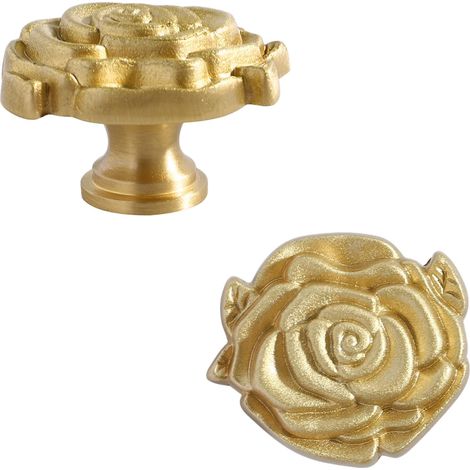 JSSEVN - Rose-Shaped Solid Brass Door Handle, 2 Gold Furniture Knobs, Gold Furniture Knobs, Gold Drawer Handles, for Cabinet Doors (1/5)