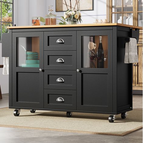 Isola da cucina 137.9x73x92.5 cm nera in MDF e metallo con piano pieghevole e ruote