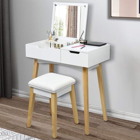 COSTWAY Coiffeuse, Table de Maquillage avec 1 Miroir Carré Rabattable,1 Tabouret Capitonné,1 Tiroir et 1 Compartiment de Rangement (1/5)