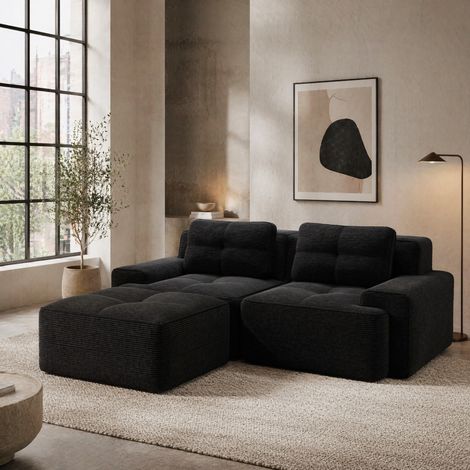 Sofá rinconero modular 204x177x69 cm en tejido de canalé negro para salón moderno FloraGrace (1/5)