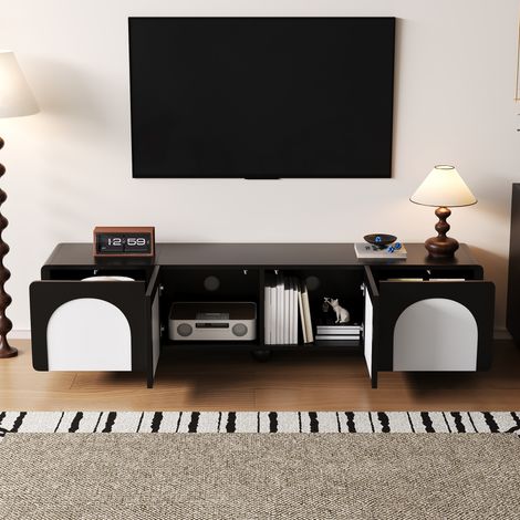 Meuble TV Design 180 x 38 x 45 cm - 2 tiroirs et 2 portes - MDF - noir et blanc (1/5)