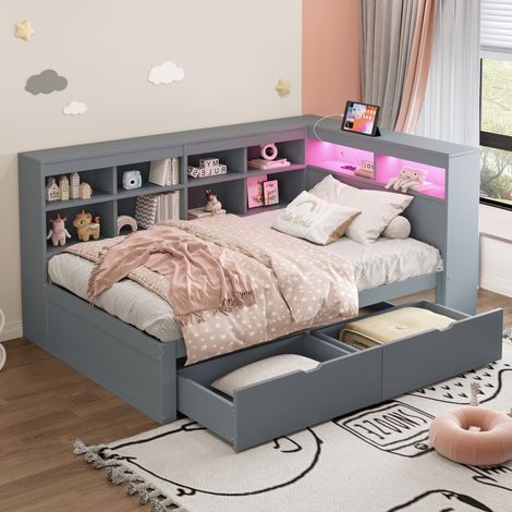 Schlafsofa Holz Grau 90x200 cm mit Stauraum, USB-Steckdose und LED-Beleuchtung (1/5)