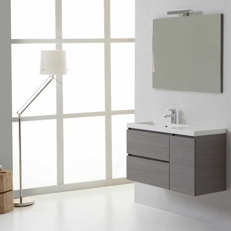 Bad-Möbel Set, 90X 39 Cm, Mit Waschtisch Und Auszügen Links, Holzoptik Grau Manhattan