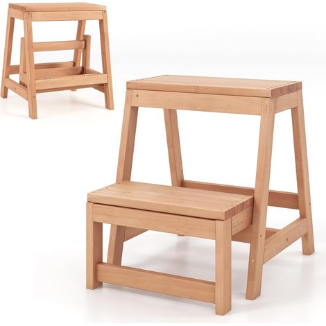 COSTWAY Sgabello Scala in Legno di Abete a 2 Gradini a Ribalta, Scaletta Pieghevole Salvaspazio per Bagno e Libreria, Scaletta Portavasi Multiuso Mensola Fioriere per Balconi e Casa, 50 x 39 x 45 cm (1/5)