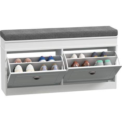 Shoe Storage Bench with Flip Drawers and Cushion Seat,Adjustable Shelf for Hallway,Entryway,Living Room or Bedroom in White
