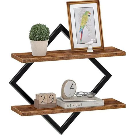 Étagère flottantes,Étagères murales à 2 Niveaux, Rangements Suspendus avec Cadre métallique losangé, Salon, Chambre, Cuisine,Marron Rustique et Noir