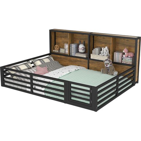 Lit enfant 140×200cm avec LED, 4 compartiments de rangement, barrière de sécurité, sans matelas, noir + marron