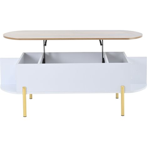 Table basse relevable en MDF blanc avec plateau en bois naturel 120 x 50 x 43 cm, pieds métalliques dorés (1/5)