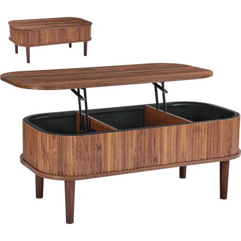 Table Basse Relevable Cannelée, Table de Salon Ovale avec Rangement Caché de 3 Compartiments, Plateau Relevable, Meuble en Bois pour Bureau Chambre, Mécanisme de Levage Métallique, Couleur Noyer (1/5)