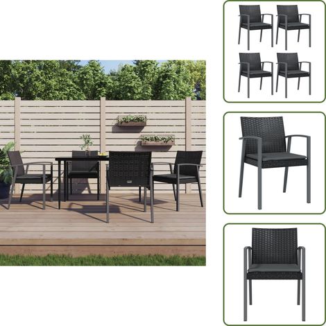 The Living Store Chaises de jardin et coussins lot de 4 noir 56,5x57x83 cm rotin - Chaise de jardin noir (1/5)